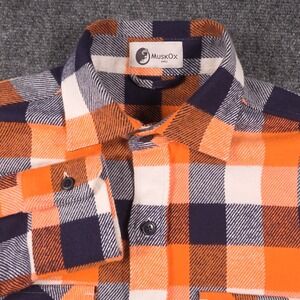 MuskOx Flannel Shirt Mens Small Orange Plaid Buffalo Check Long Sleeve Cotton